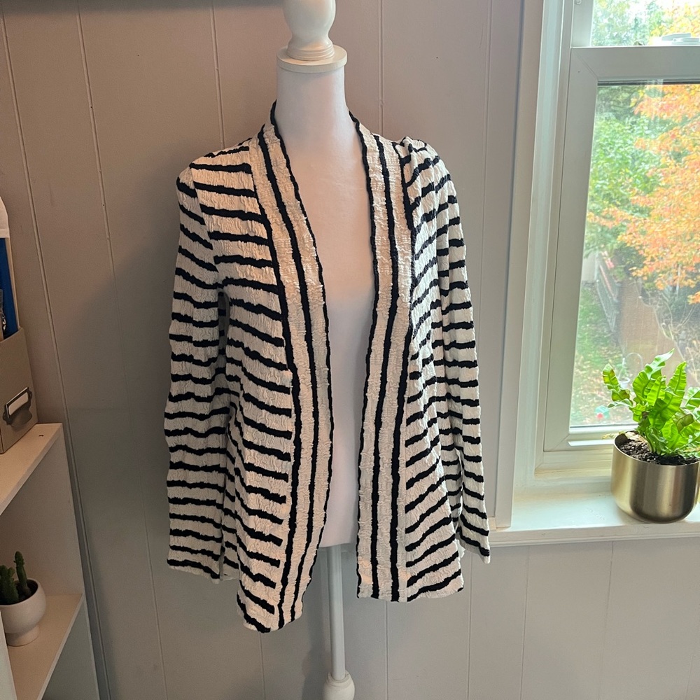 ✨ Navy & cream stripe open front cardigan by Anthropologie Postage Stamp.